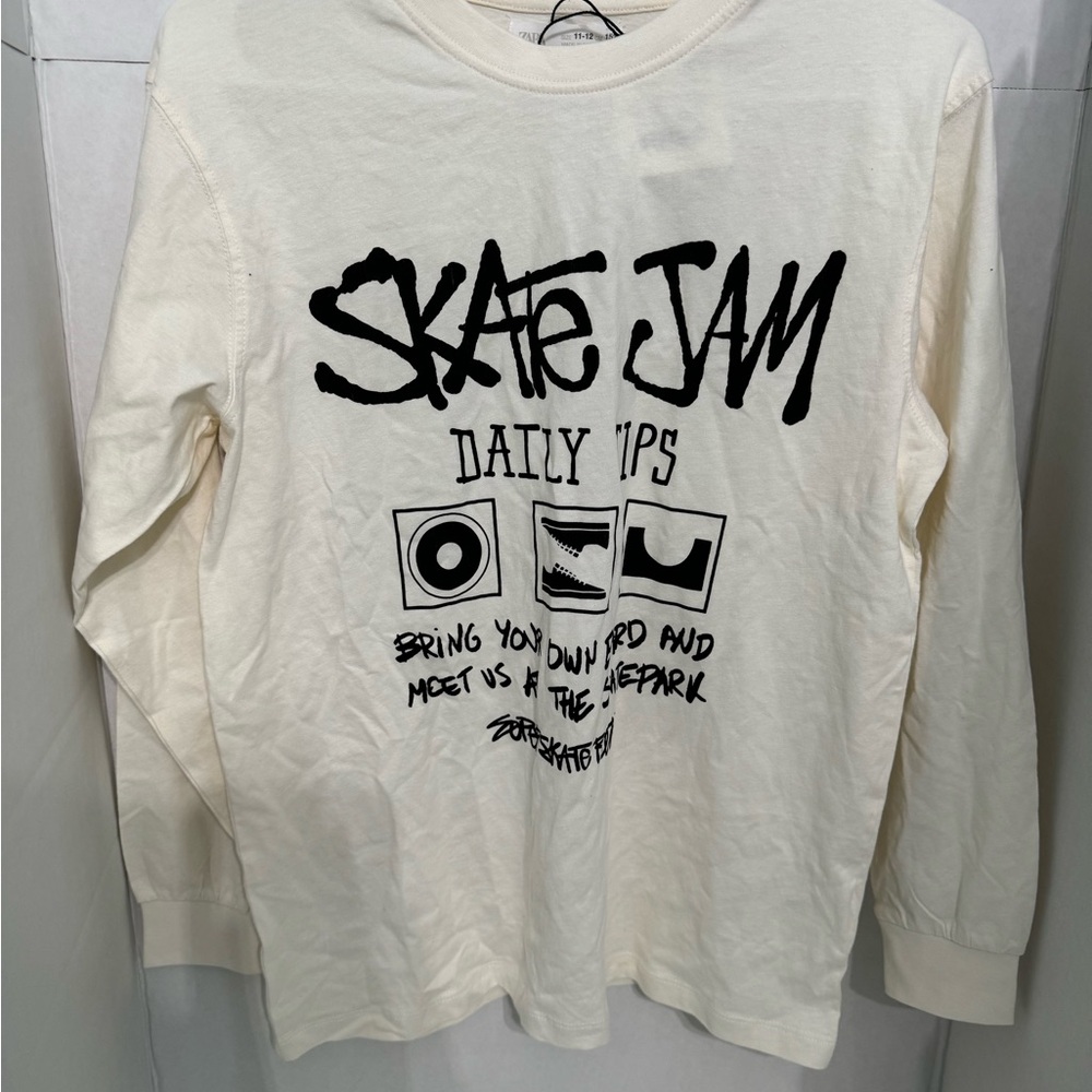 New Zara 11-12 White Skate Jam Graphic Long Sleeve Tee